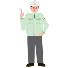 ヘルメットを着用して工具（レンチ）を手に持つ男性のイラストセット