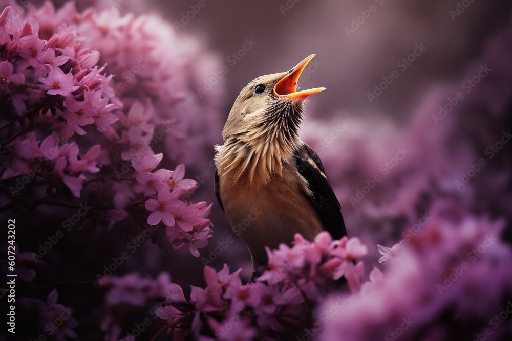 Poster a bird that is perched on a tree with its beak wide open. generative ai