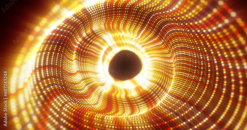 Poster abstract yellow energy tunnel made of particles and a grid of high-tech lines with a glowing backgro