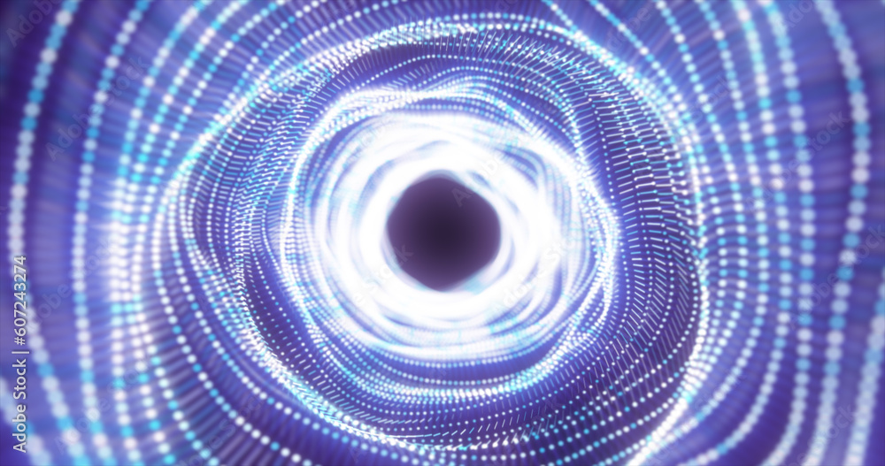 Poster abstract blue energy tunnel made of particles and a grid of high-tech lines with a glowing backgroun
