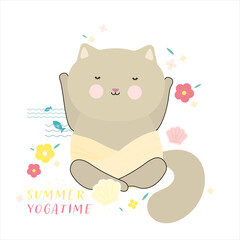 Summer Time Cute Cat. Design for Web, Mobile, Card, Sticker, T-Shirt, Textile Shopper Bag and Other Garment.