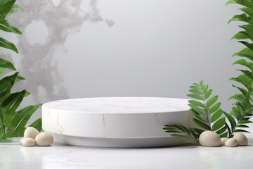 White stone podium, Cosmetic display product stand with monstera leaf on white background. 3D rendering
