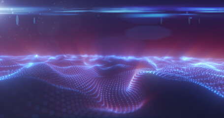 Abstract blue energy surface with magic waves from particles and dots with blur and glow effect abstract background