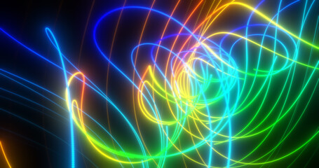 Abstract multi-colored rainbow neon energy laser lines flying on a black background