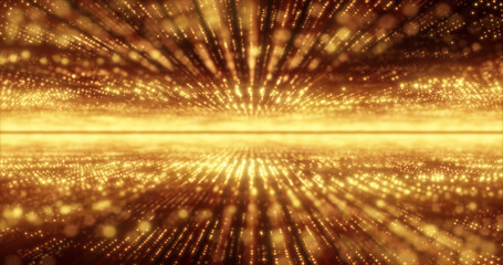 Abstract yellow energy hi-tech lines and digital particles fly in a tunnel with bokeh effect glowing background
