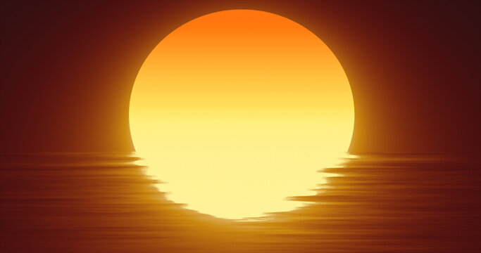 Abstract orange sun over water and horizon with reflections background