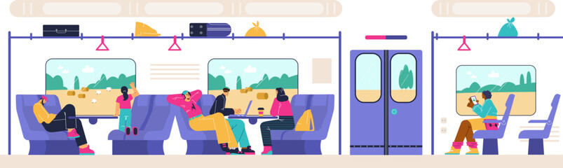 Vector illustration of flat passengers inside subway train car, people are sitting, resting, looking