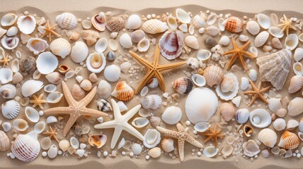 Obraz premium Sandy beach with collections of white and beige seashells Generative AI