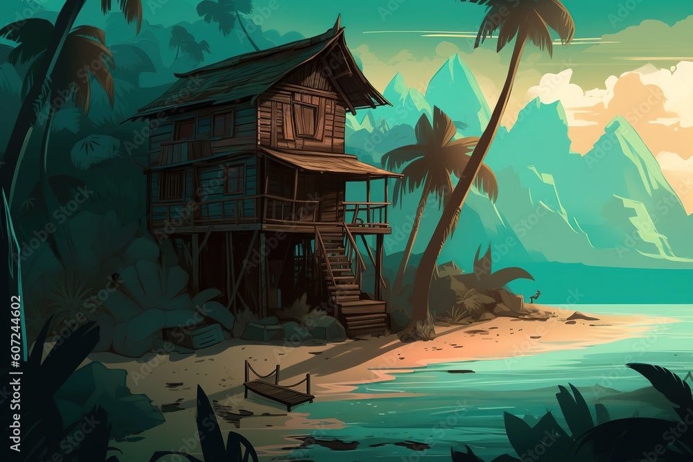 Poster an image of a home situated on a beachfront property in a tropical setting generative ai