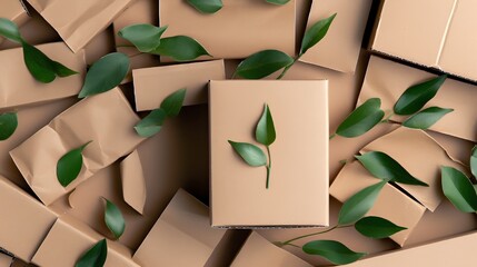 Engaging overhead shot of recycled cardboard boxes arranged neatly, signifying the eco zero waste concept. Copy space for versatile uses, fostering an environment friendly mindset. Generative AI