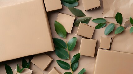 Engaging overhead shot of recycled cardboard boxes arranged neatly, signifying the eco zero waste concept. Copy space for versatile uses, fostering an environment friendly mindset. Generative AI
