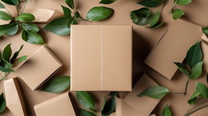 Engaging overhead shot of recycled cardboard boxes arranged neatly, signifying the eco zero waste concept. Copy space for versatile uses, fostering an environment friendly mindset. Generative AI