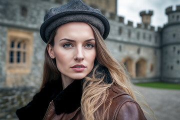 A captivating and regal beauty adorned in hat stands amidst the medieval grandeur of a castle, ai generative