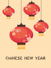 Postcard with hanging round red Chinese lanterns flat style