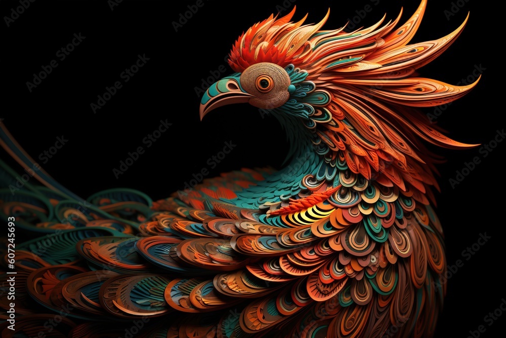 Poster a multicolored bird on a pitch-black backdrop generative ai