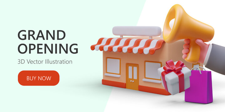 Grand opening of store. Loud announcement for all buyers. 3D person announces opening of new store through megaphone. Advertisement with buy now button