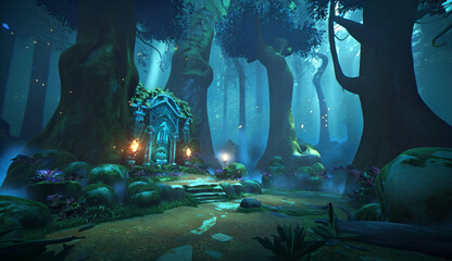 animated scene of the mysterious cave in the forest with colorful flowers ai image generated