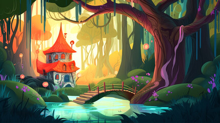 Cartoon fairy tale castle near small bridge with colorful background ai image generated