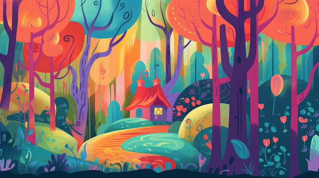 graphics illustration colorful forest background colorful hut playful shapes digital art ai image generated