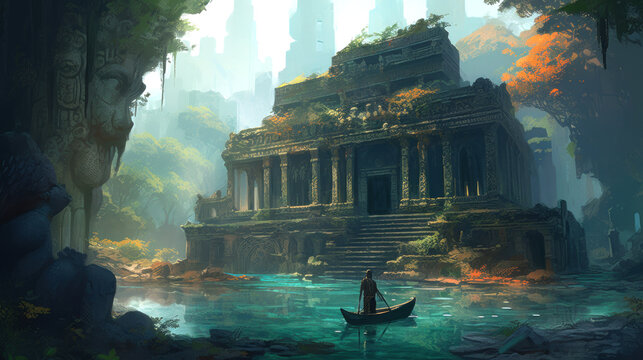 animated scene of temple of heaven in between the atlantis ocean water a man is sailing the boat in water   ai image illustration