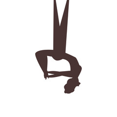 Woman hanging in hammock for aerial yoga, black silhouette vector illustration isolated on white background.