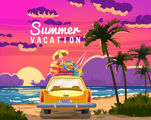 Summer Vacation, travel yellow car with luggage bags, surfboard on the beach. Tropical seachore sunset, sea, ocean, back view. Vector illustration retro cartoon