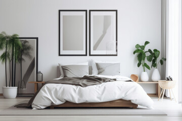 A beautiful bedroom with a mockup poster frame showcasing a stunning canvas print. The cozy bedding, green plant, and wooden furniture create a tranquil atmosphere. This mockup is AI generative.