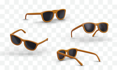 Cartoon realistic 3d sunglasses in different positions. Product for company selling sunglasses, glasses model for advertising poster. Vector illustration in orange color