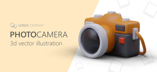 Web advertising template with 3D camera. Realistic photography equipment. Rental of photo and video equipment. Photographer services. Horizontal poster with illustration, place for logo and text
