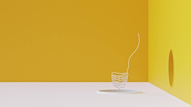White light bulb out of pipe or tunnel animation in yellow room. Wire of continuous one line animation and Alpha Channel. 3D Render.