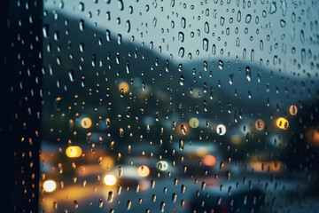 Photograph of mountain, taken at dusk on a rainy day, water beading on glass, camera focus on window. AI generative - obrazy, fototapety, plakaty