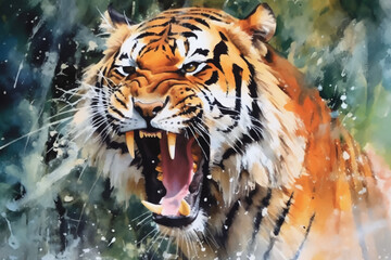 Roaring Tiger watercolor illustration