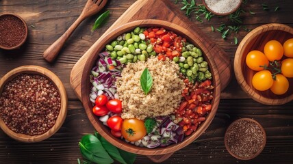 Mixed quinoa in bowl on wooden kitchen board Generative AI