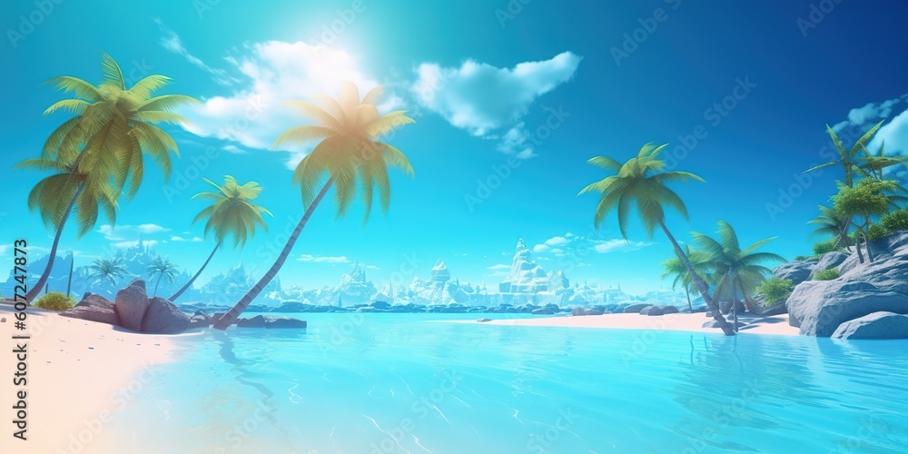 Poster a picture depicting a beach in a tropical setting with palm palms generative ai