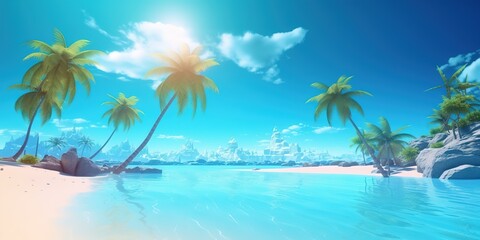 Naklejka na ściany i meble a picture depicting a beach in a tropical setting with palm palms Generative AI
