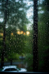 Photograph of summer forest, taken at dusk on a rainy day, water beading on glass, camera focus on window. AI generative