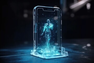 Cell phone of the future transparent invisible, mobile, Siri Alice hologram artificial intelligence, smartphone Ai, Metaverse and Blockchain Technology, innovative future data network
