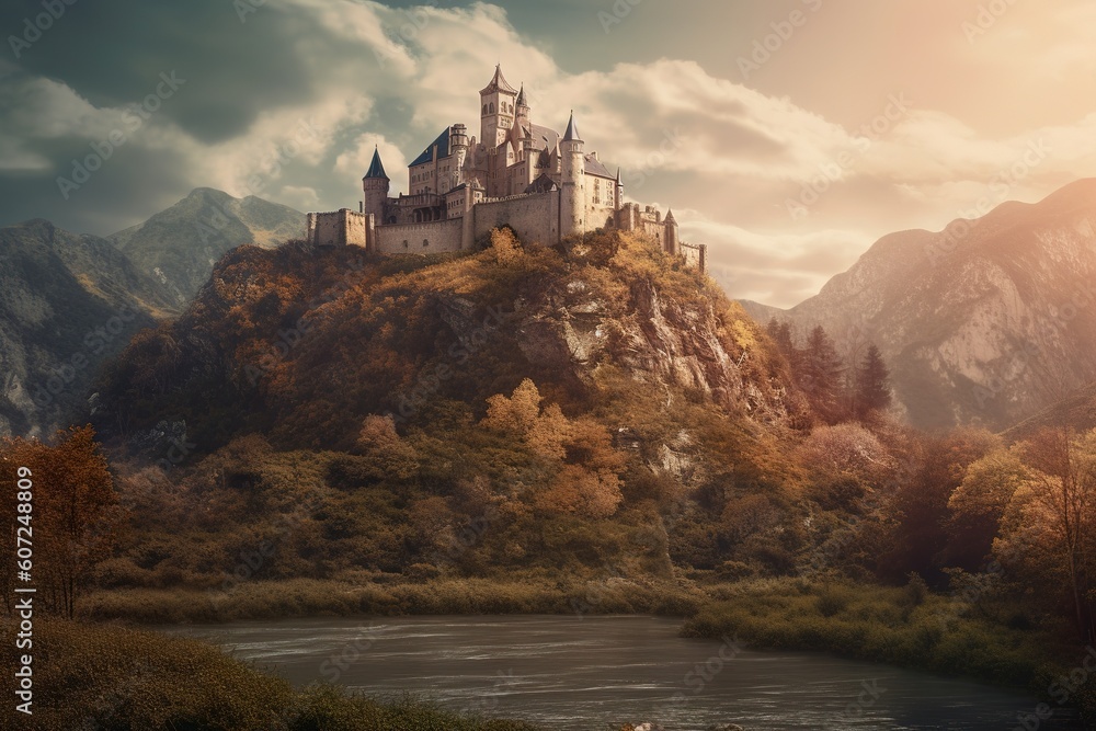Poster a fortress perched on a mountain and lying in close proximity to a river generative ai