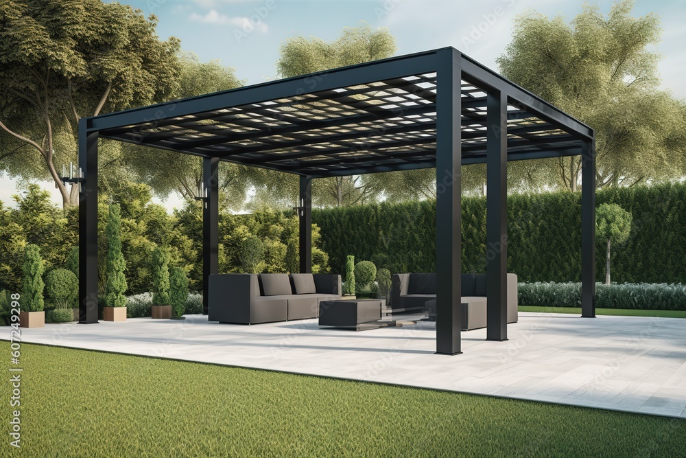 Aufkleber a patio that is covered and has seating and a table generative ai