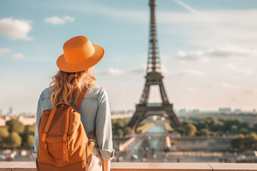 Obraz na płótnie Canvas Young girl with bright backpack in hat stands with her back and looks into the distance at the Eiffel Tower in Paris in the sun. Travel Adventures. Close-up. Generative AI content