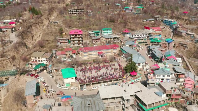 Aerial Panoramic Above Himachal Pradesh Village in Holi Religious Festival People and Houses of Himalayan Sangla Valley