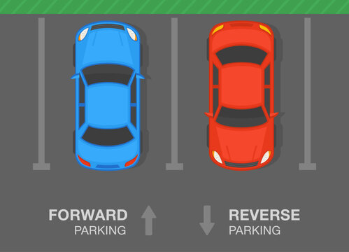 Outdoor parking. Top view of a perpendicular parked cars. Forward and reverse parking. Flat vector illustration template.