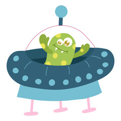 Cute cartoon monster, alien in a flying saucer, ufo.. Vector illustration on a white background