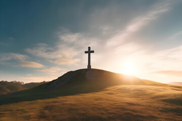 Religious cross on hill in sunlight. Generative AI