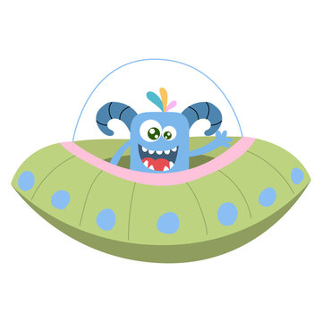 Cute cartoon monster, alien in a flying saucer, ufo.. Vector illustration on a white background