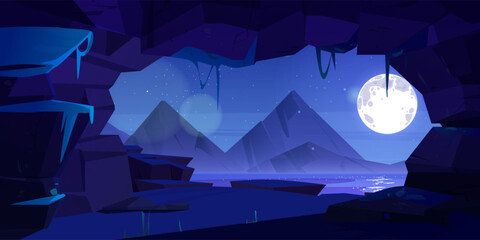 Mountain cave exit with night lake view. Vector cartoon illustration of natural landscape with rocky range, tunnel entrance, full moon and stars in dark sky above water. Adventure game background
