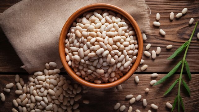 Composition with bowl of white beans on wooden table Generative AI