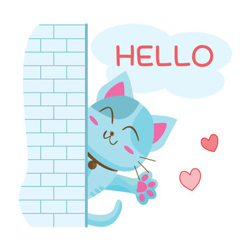 Vector design greeting blue cat face saying Hello. Isolated illustration with lettering on white background.