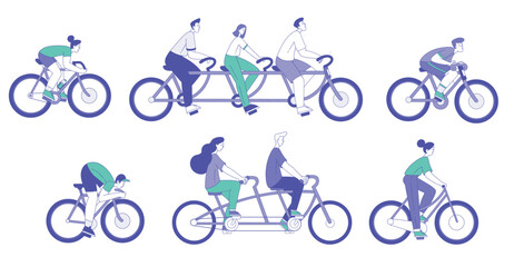 People Characters Riding Bike Enjoying Healthy Lifestyle Vector Set