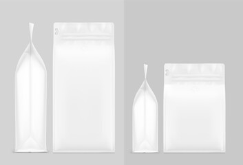 Realistic coffee bag with de-gassing valve mockup set. Vector illustration. Set of two sizes. Ideal for the presentation your coffee product. EPS10.